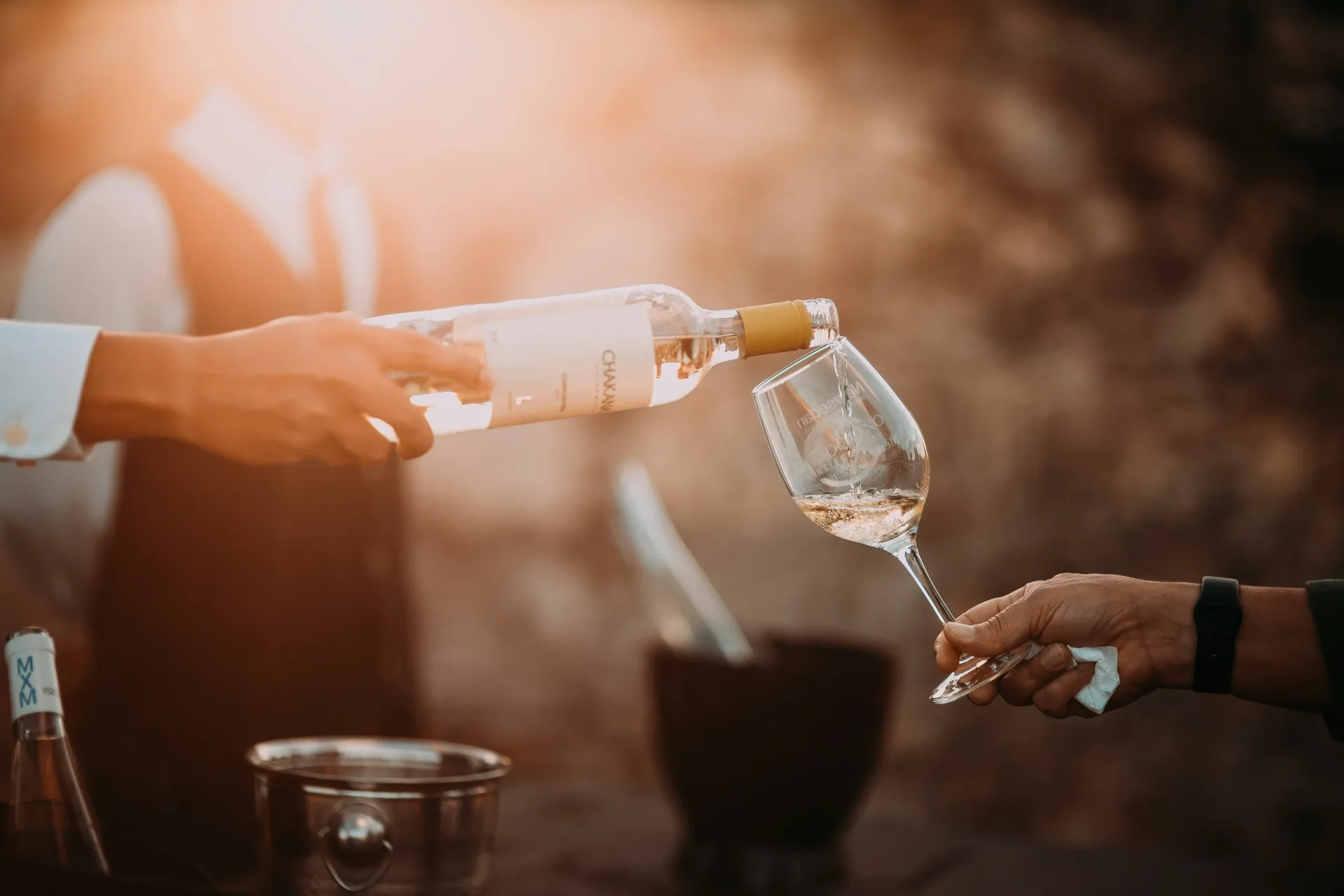 Hands pouring wine during a relaxed tasting