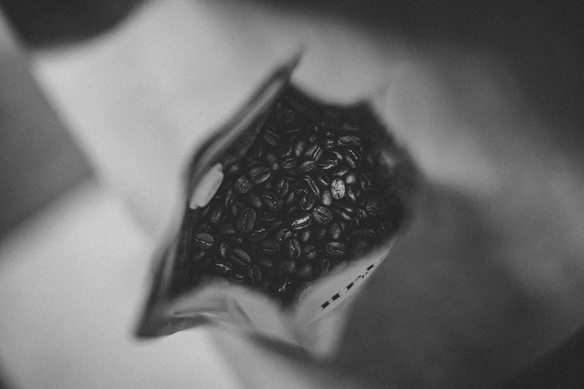 Single-origin coffee bean bag on a roastery shelf