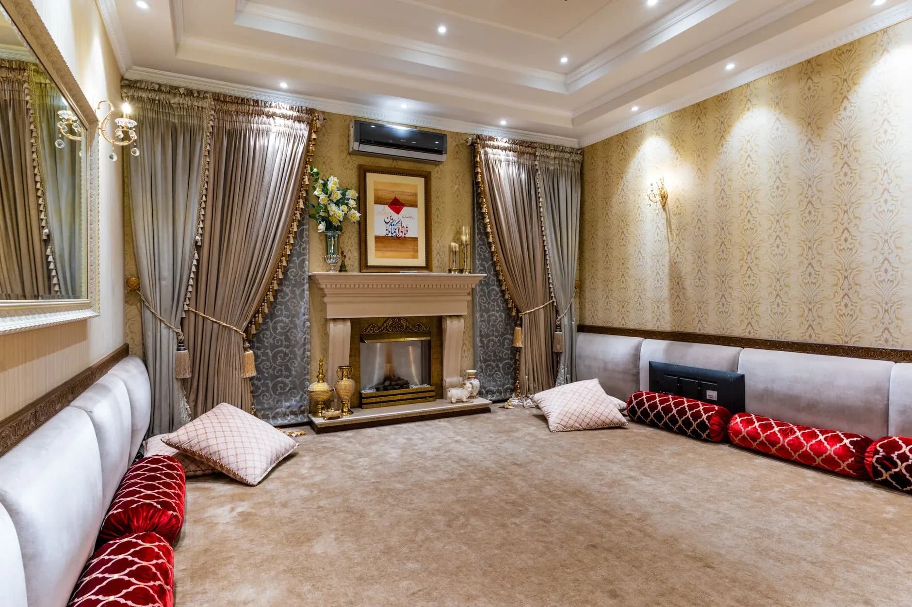 Open-plan luxury living room with bespoke joinery and warm oak floors